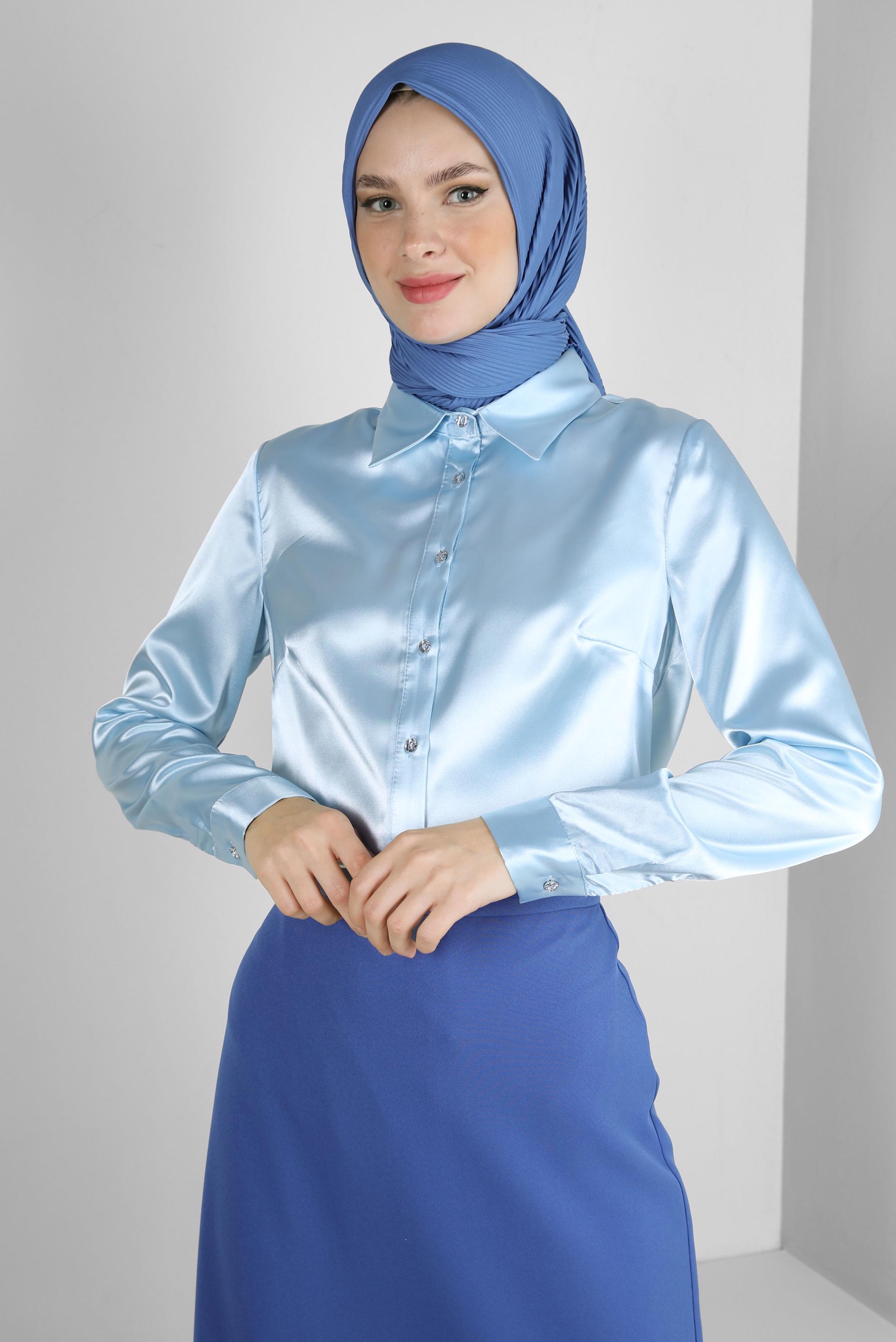 Vêtements hijab BLEU BLOUSE EN SATIN À BOUTONS 43755